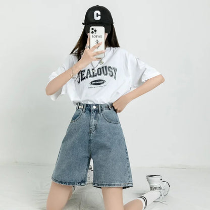 ZOENOVA Belted Shorts Jeans Women Baggy Y2K Fashion Straight Vintage Streetwear Denim Summer Loose Femme Denim Short Pants