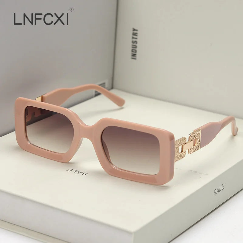 LNFCXI Retro Square Female Male Top Sunglasses Women Brand Designer Trend Pink Diamond Connecting Frame Legs Sun Glasses Men