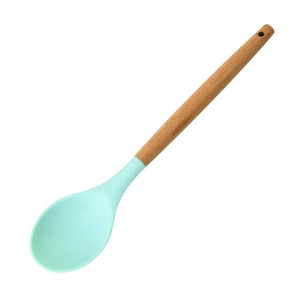 Round Silicone Wooden Handle Soup Spoon Korean Ramen Noodles Bouillon Cooking Long Ladle Japanese Kitchen Tablespoons Tableware