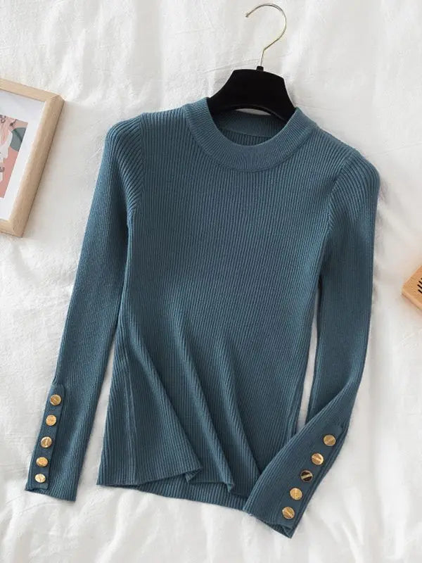 2024 women thick sweater pullovers khaki casual autumn winter button o-neck chic sweater female slim knit top soft jumper tops