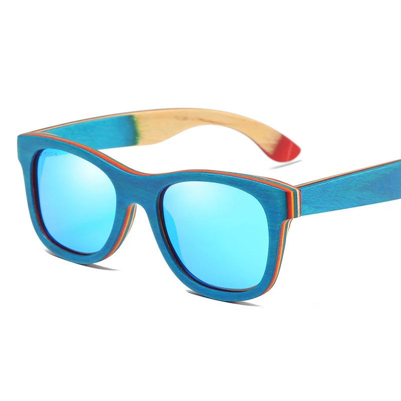 GM Skateboard Wooden Sunglasses Blue Frame With Coating Mirrored Bamboo Sunglasses UV 400 Protection Lenses in W033