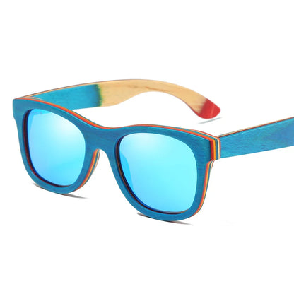 GM Skateboard Wooden Sunglasses Blue Frame With Coating Mirrored Bamboo Sunglasses UV 400 Protection Lenses in W033