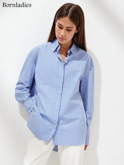 Bornladies Loose Striped Shirts Autumn Chic 100% Cotton Blouse Female Tops Casual Lapel Oversized Lace Up Women Shirts