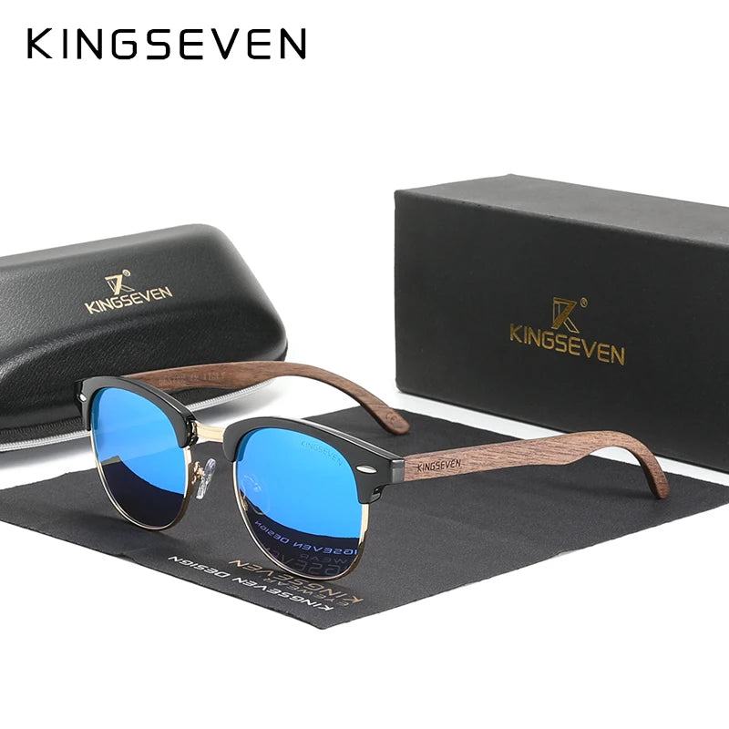 KINGSEVEN New Walnut Wooden Sunglasses For Men Polarized Semi-Rimless Glasses UV400 Eye Protection Retro Eyewear Women Accessory