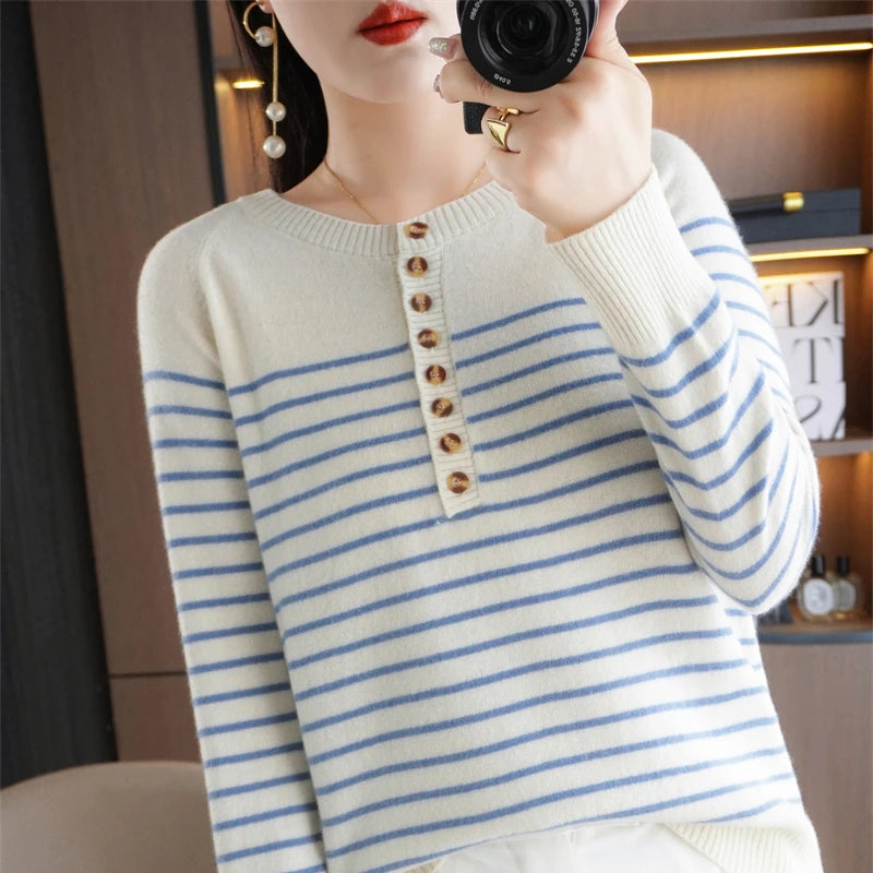 Autumn and Winter Women Striped Wool Blend Sweater O-Neck Sailor Pullover Cashmere Sweater Slim Knitted Warm Base Shirt