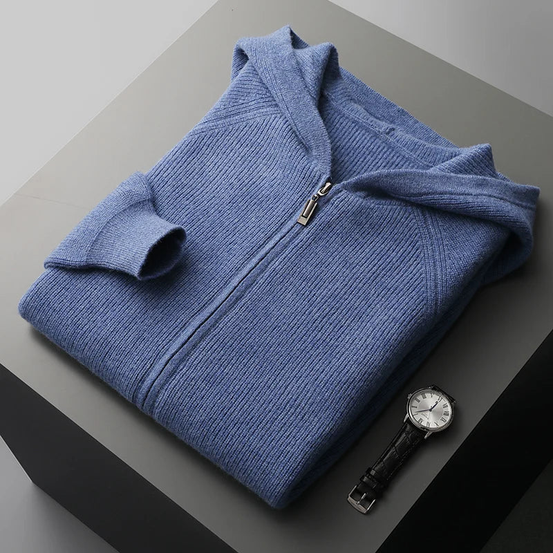 Men's Hooded Cardigan Autumn and Winter Thickened Knit Large-size Jacket 100% Merino Wool Casual Long Sleeved Sportswear Coat