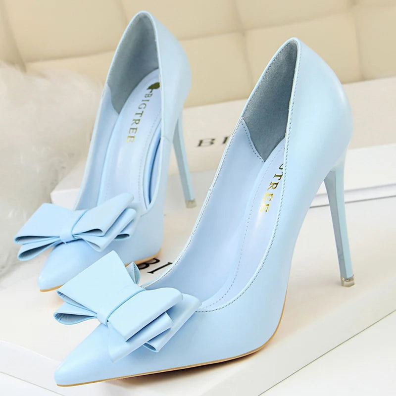 Women 10.5cm High Heels Blue Yellow Pumps Butterfly Knot Leather Stiletto Heels Lady Escarpins Wedding Party Event Shoes