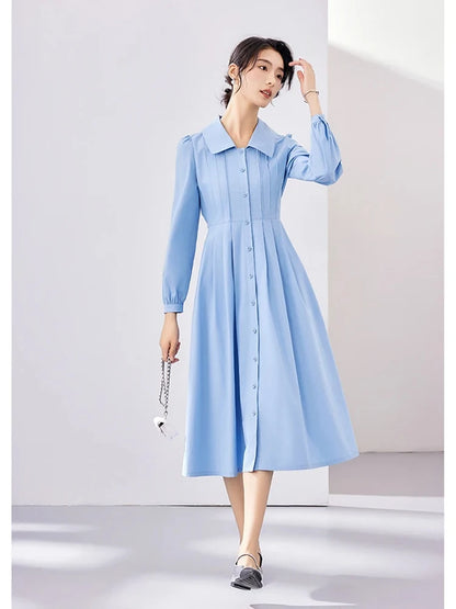 Vimly Cotton 100% Women's Blue Button Up Shirt Dresses Autumn Fashion A-line Lapel Long Sleeve Elegant Midi Dress M2917