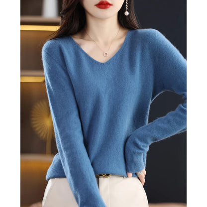 100% Pure Wool Soft Sweater Women Autumn Winter First Line Seamless Low V-neck Pullover Basis Casual Cashmere Warm Knitting Top