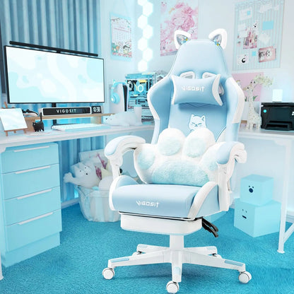 Pink Gaming Chair With Cat Paw Lumbar Cushion and Cat Ears Computer Armchair Reclining PC Game Chair for Girl Kids Teen Gamer