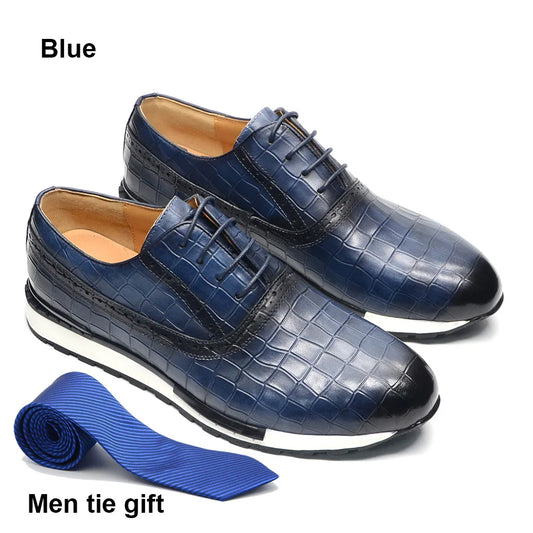 Luxury Men Genuine Leather Casual Sneakers Comfortable Lace Up Oxford Daily Social Shoes Stone Pattern Soild Blue Male Footwear