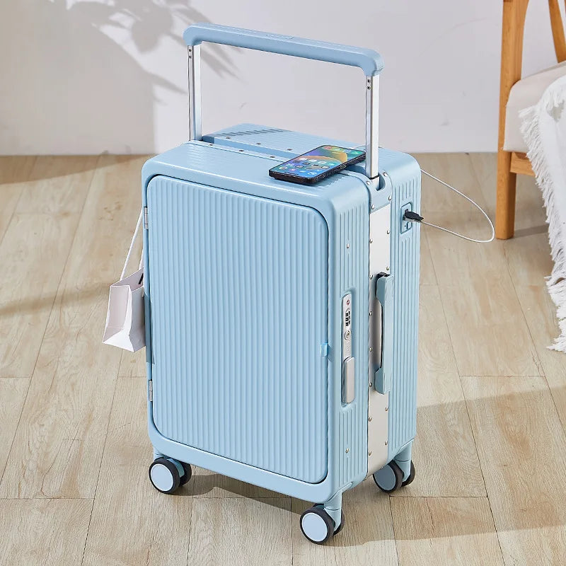 The new wide trolley cabin suitcase, aluminum frame trolley suitcase, spinner suitcase, personalized front opening business offi