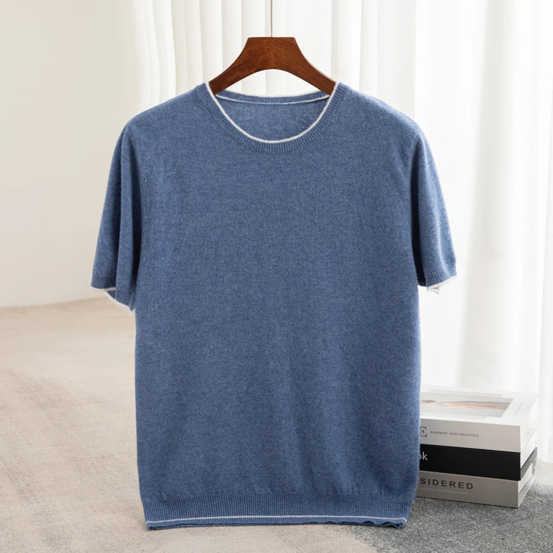 Men's T-shirt Summer New Knitted Tank Top Fashion Color Block Round Neck Pullover Sweater 100% Pure Wool Short sleeved