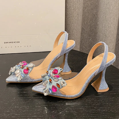 Eilyken Fashion Denim Bowknot Crystal Pumps Sexy Pointed Toe High Heel Women Sandals Prom Party Spring Shoes Zapatillas De Mujer