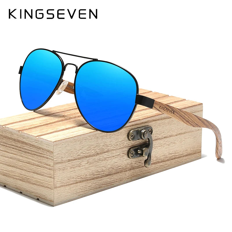 KINGSEVEN Men's Polarized Sunglasses High Quality Natural Zebra Wood Alloy Frame Women UV400 Glasses HD Lens Pilot Eyewear