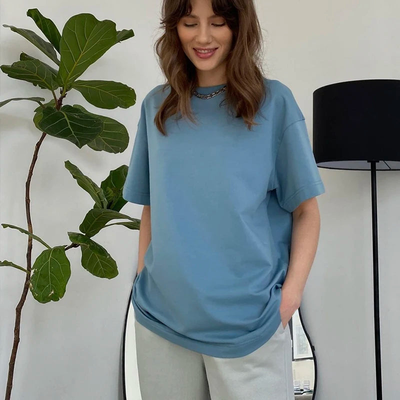 Hirsionsan Basic Cotton T Shirt Women Summer New Loose Solid Tees 19 Color Casual Loose Tshirt Oversized O Neck Female Tops