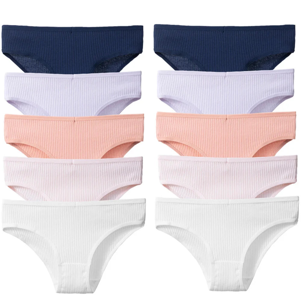 10Pcs/Pack 100% Cotton Women's Panties Comfortable Sexy Underwear Solid Color Stripe Briefs Simple Sports Underpants