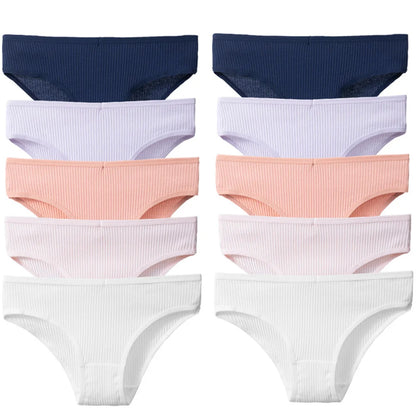 10Pcs/Pack 100% Cotton Women's Panties Comfortable Sexy Underwear Solid Color Stripe Briefs Simple Sports Underpants