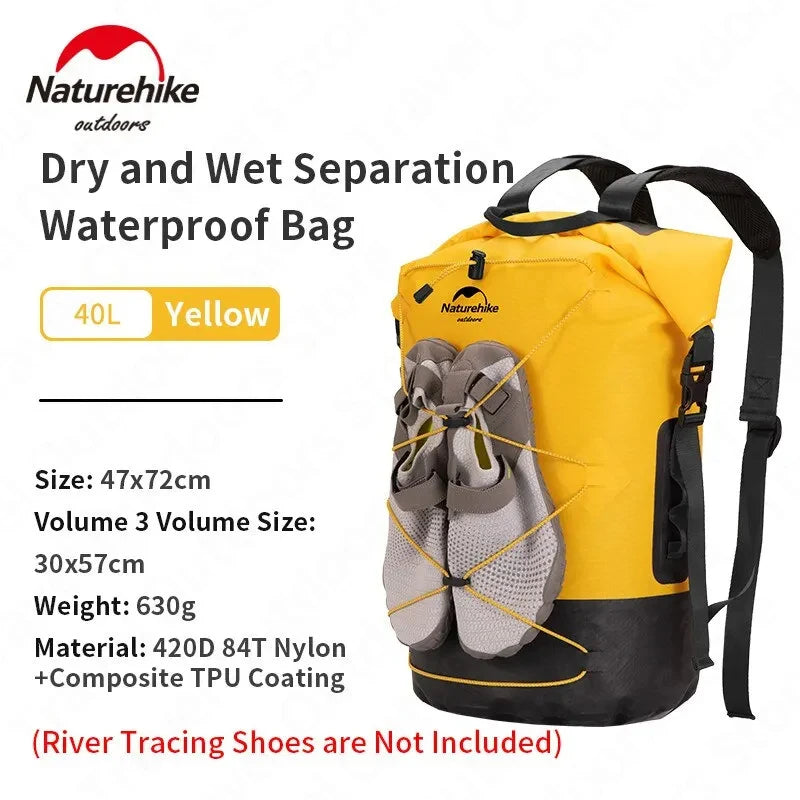 Naturehike TPU 20-40L Waterproof Backpack Dry Wet Separation High Capacity IPX6 Wear Resistant Outdoor Swimming Sport Travel Bag