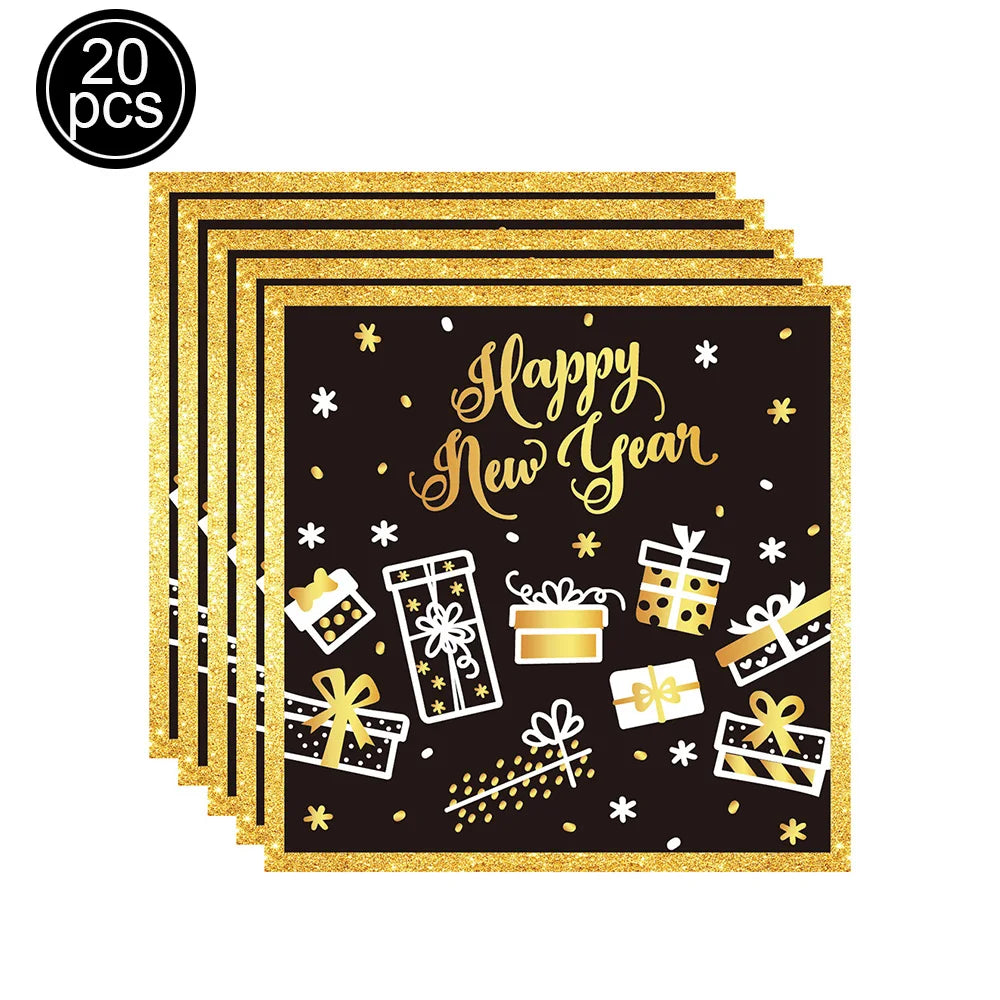 New Year Theme Disposable Tableware Paper Plates Cups Napkins Happy New Year 2025 Black Golden Party Decoration Supplies