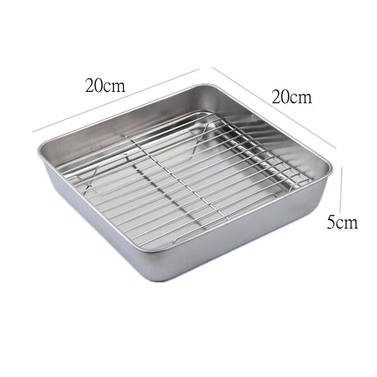 Square Stainless Steel Deepening Baking Tray Nonstick Cookie Bread Fruit Storage Plate with Grid Draining Dish Kitchen Utensils