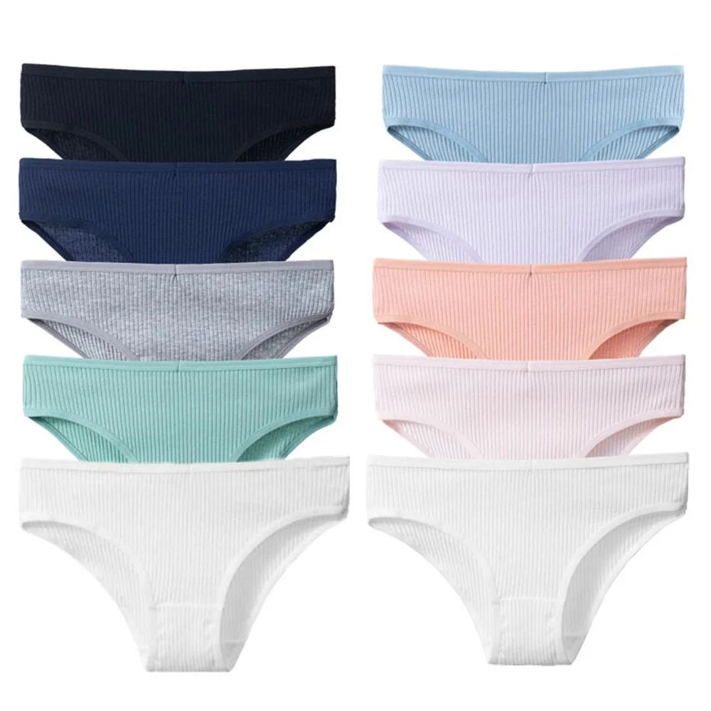 10Pcs/Pack 100% Cotton Women's Panties Comfortable Sexy Underwear Solid Color Stripe Briefs Simple Sports Underpants