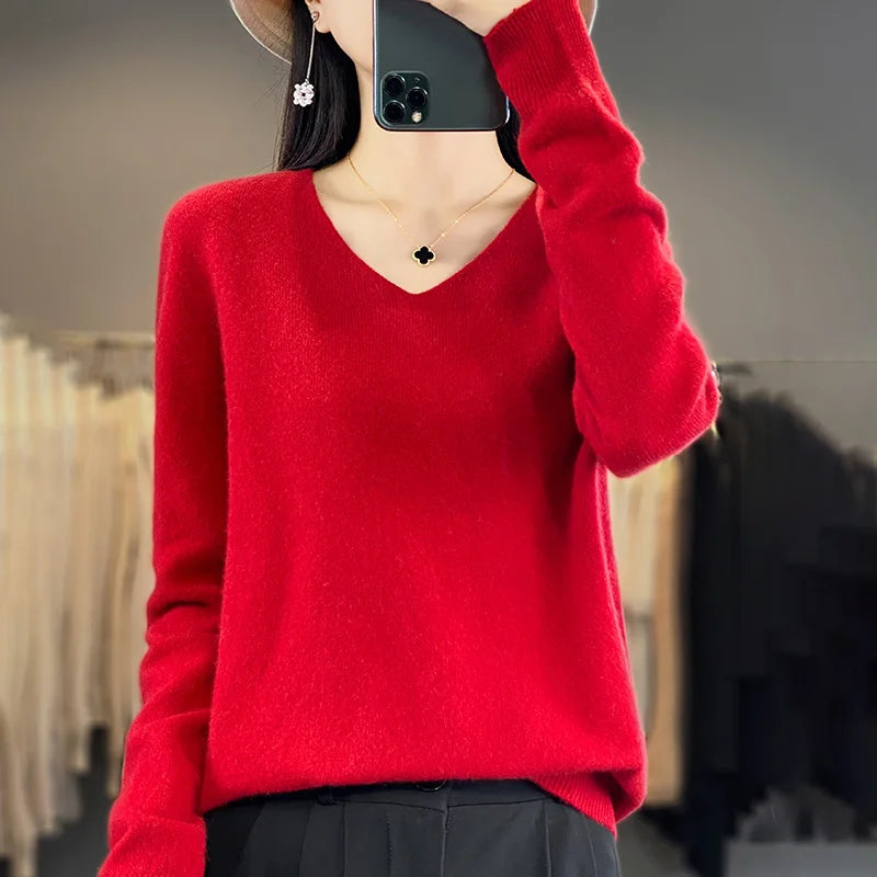 100% Pure Wool Soft Sweater Women Autumn Winter First Line Seamless Low V-neck Pullover Basis Casual Cashmere Warm Knitting Top