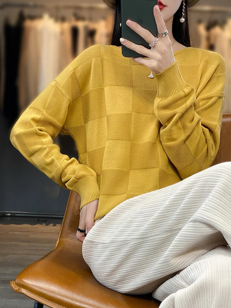 Autumn Winter New Women 100% Cotton Soft Sweater Round Collar Square Pattern Pullover Loose Fashion Knitwear Casual Base Top