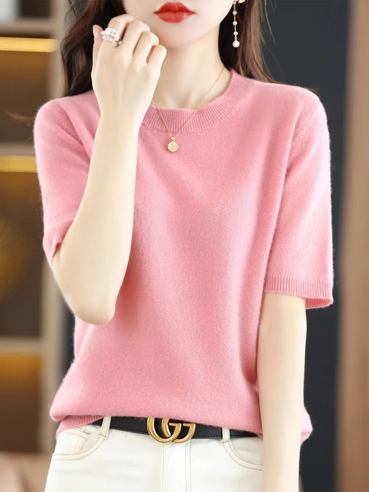 New Short-sleeved Knitwear Women O-neck T-shirt Wool Cotton Blend Pullover Vest Sprig Summer Bottoming Tops Sweater Solid Soft