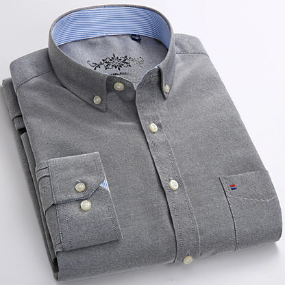 Men's Long Sleeve Oxford Plaid Striped Casual Shirt Front Patch Chest Pocket Regular-fit Button-down Collar Thick Work Shirts