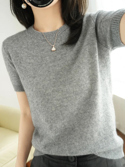 New Short-sleeved Knitwear Women O-neck T-shirt Wool Cotton Blend Pullover Vest Sprig Summer Bottoming Tops Sweater Solid Soft