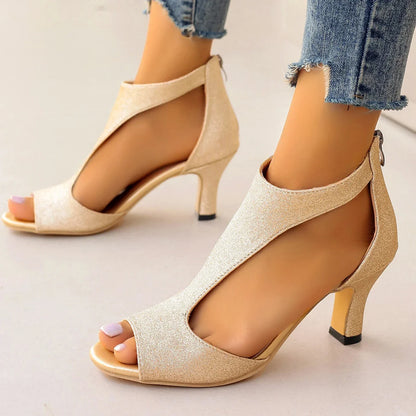 Women Roman Sandals Medium Heel High Heels Big Size 42 43 Summer Fish Toe Stiletto Gold Silver Pink Purple Elegant Designer