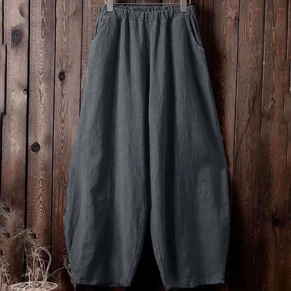 Spring Summer Cotton Linen Style Bloomers Wide Leg Pants Women Vintage Full Length Elegent Pants Solid Elasitic Waist S-5XL