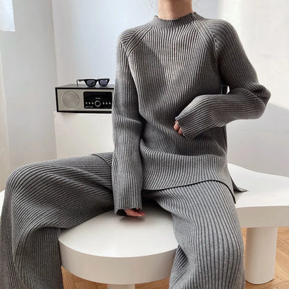 Hirsionsan Elegant Soft Knitted Sets Women Autumn Winter Warm Casual Two Pieces Sweater and Pants Outfits Solid Tracksuit Lady