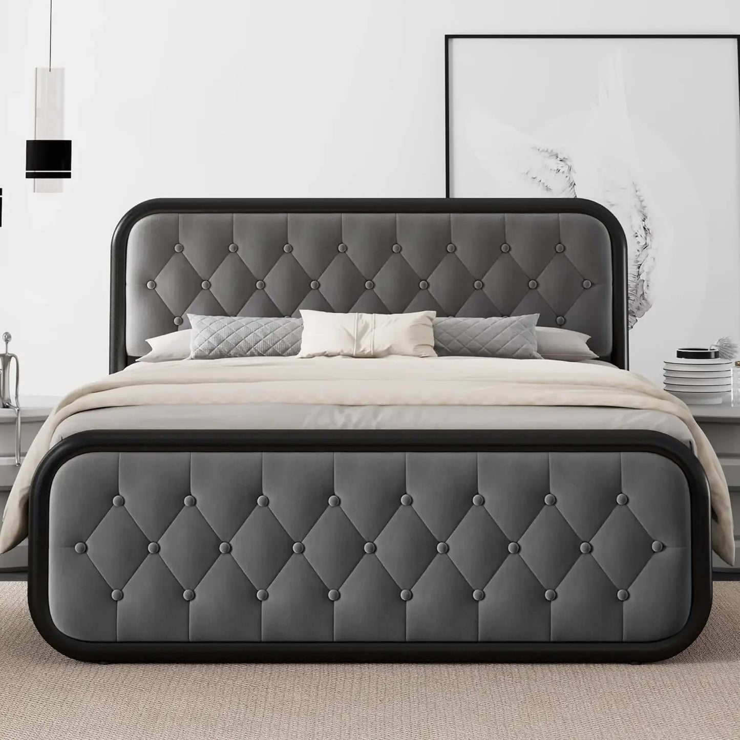 King Size Bed Frame Heavy Duty Bed Frame With Faux Leather Headboard Bedroom Furniture 12" Under-Bed Storage Black