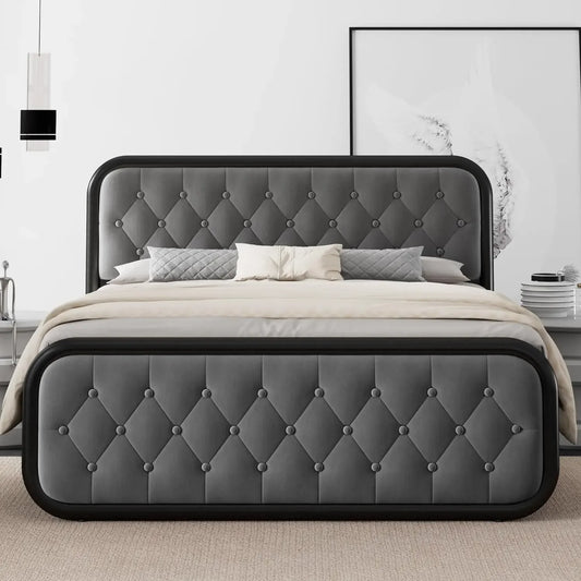 King Size Bed Frame Heavy Duty Bed Frame With Faux Leather Headboard Bedroom Furniture 12" Under-Bed Storage Black