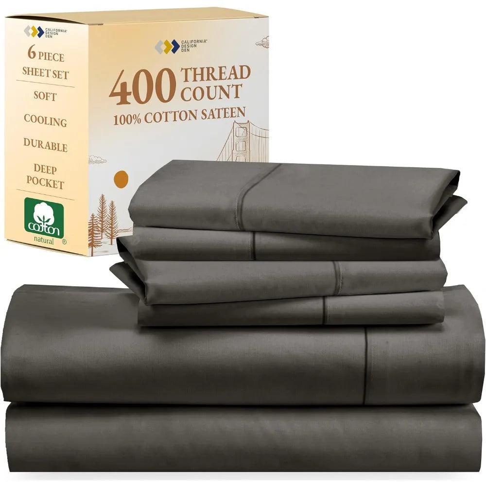 Full Sheet Set 6-Pc Queen Size Sheet Set With 4 Pillowcases - 400 Thread Count 100% Cotton Sheets Cooling Sateen Weave Sets Bed