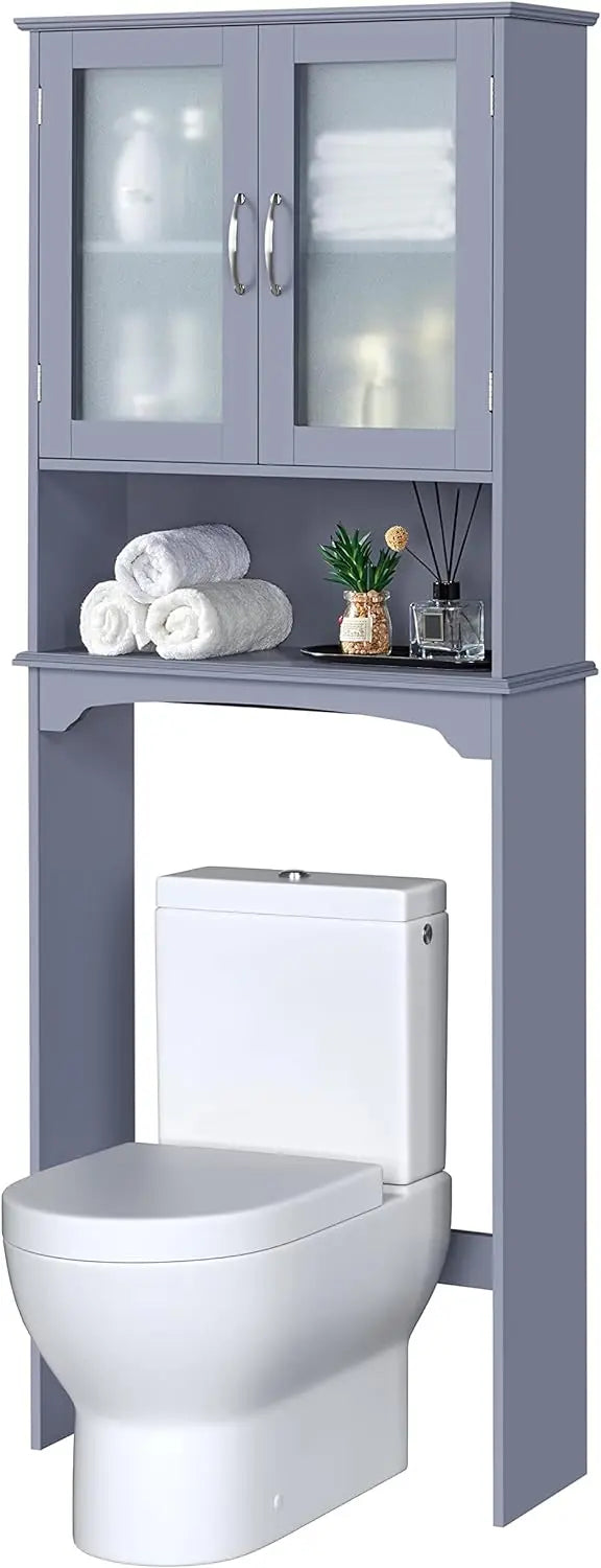 Over The Toilet Storage Cabinet with Double Tempered Glass Doors and Adjustable Shelf, Freestanding Bathroom Storage Rack