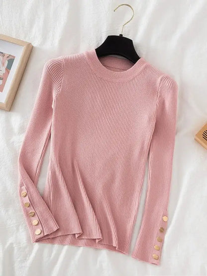 2024 women thick sweater pullovers khaki casual autumn winter button o-neck chic sweater female slim knit top soft jumper tops