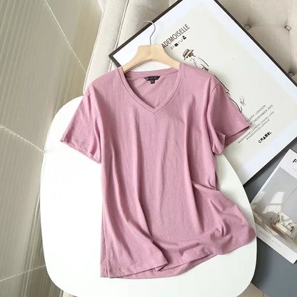 Withered Indie Folk Simple Cotton Linen Fashion V-neck Summer Tshirt Women Short Sleeve Casual Tops