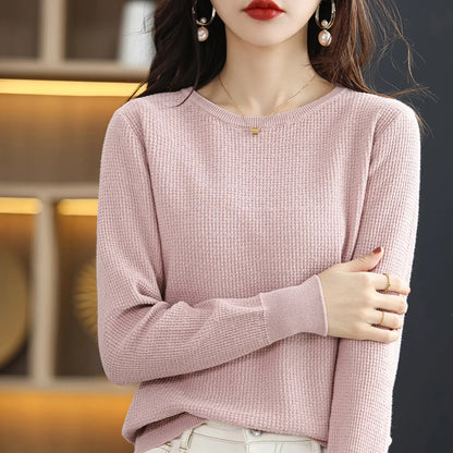 Autumn Winter Women's 100% Cotton Soft Sweater O-Neck Pullover Cstereoscopic Bulge Pattern Casual Knitted Bottoming Warm Sweater