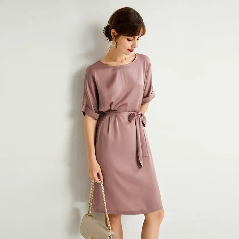 Heavy Silk Dress for Women, O-Neck, Raglan Sleeve, Loose Fit Waist, Lace Up Dress, Solid Mulberry Silk, Satin Dress, FS2308