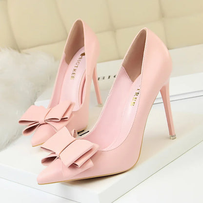 Women 10.5cm High Heels Blue Yellow Pumps Butterfly Knot Leather Stiletto Heels Lady Escarpins Wedding Party Event Shoes