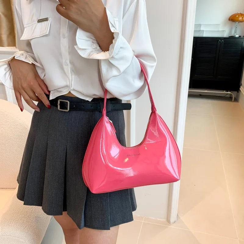 Trendy Designer Solid Shoulder Bags for Women Handbags and Purses New Fashion Patent Leather Underarm Ladies Tote Bags