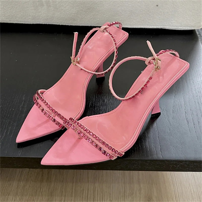 Eilyken Summer Sexy Crystal Narrow Band Buckle Strap Women Sandals Pointed Toe High Heels Banquet Party Shoes Zapatillas Mujer