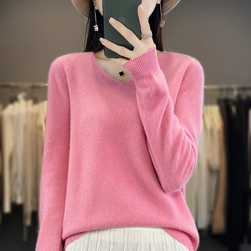 100% Pure Wool Soft Sweater Women Autumn Winter First Line Seamless Low V-neck Pullover Basis Casual Cashmere Warm Knitting Top