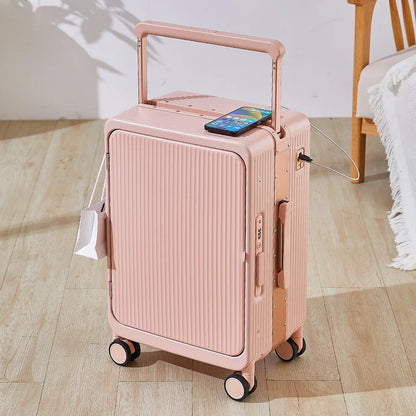 The new wide trolley cabin suitcase, aluminum frame trolley suitcase, spinner suitcase, personalized front opening business offi