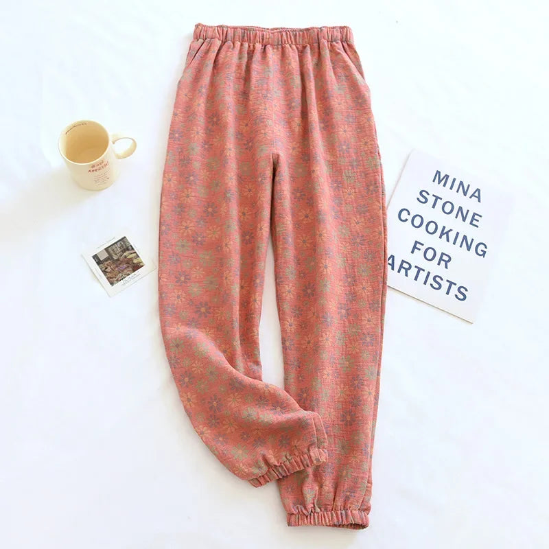 Spring Summer Women's Pajamas 100% Cotton Crepe Pants Women's Comfortable Loose Large Leaf Home Pants Thin bottoms