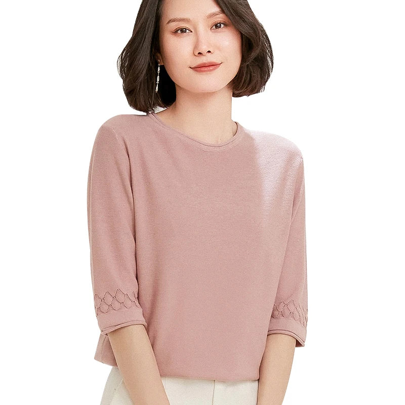 Women's 100% Pure Cotton O-Neck Half Sleeve Pullover, Slim Knit Bottoming Sweater, Spring and Summer Coat, Free Shipping, New