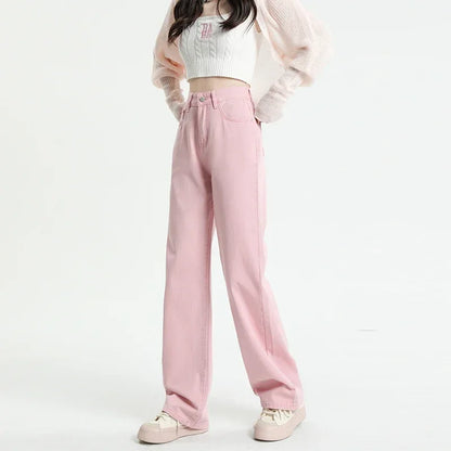 ZOENOVA Korean Long Trousers Casual Denim Pants Simple Female Spring Straight Loose Women's Wide Leg Jeans Pink Purple Red